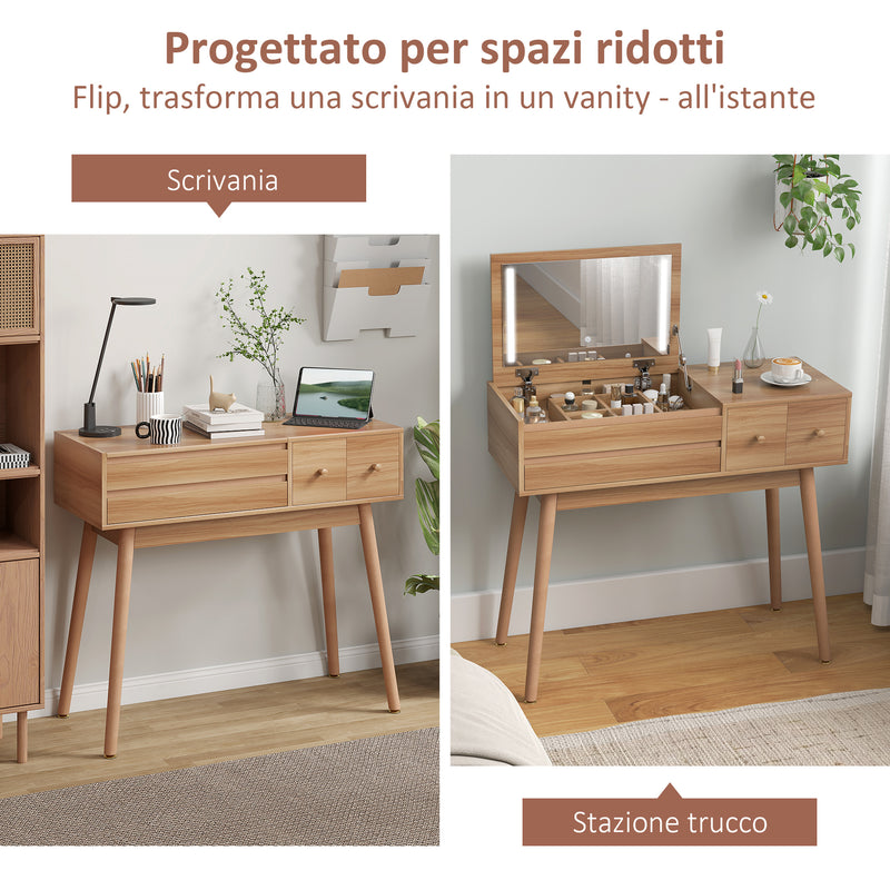 Tavolo da Trucco con Specchio a Luci LED 100x40x87 cm con Organizer Interno Rivestimento in Melamina Noce  