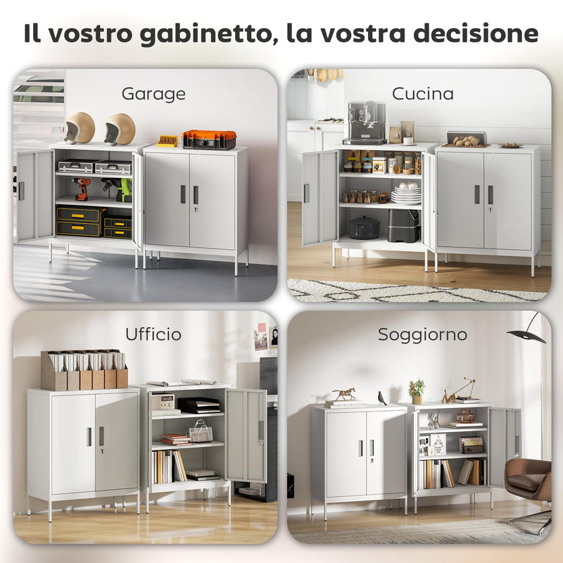 Armadietto da Ufficio 80x40x100 cm a 2 Ripiani Regolabili con Serratura e 2 Chiavi in Acciaio Bianco      