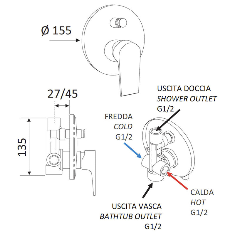 Rubinetto Miscelatore Monocomando Doccia ad Incasso con Deviatore in Ottone Mariani Artic Cromato