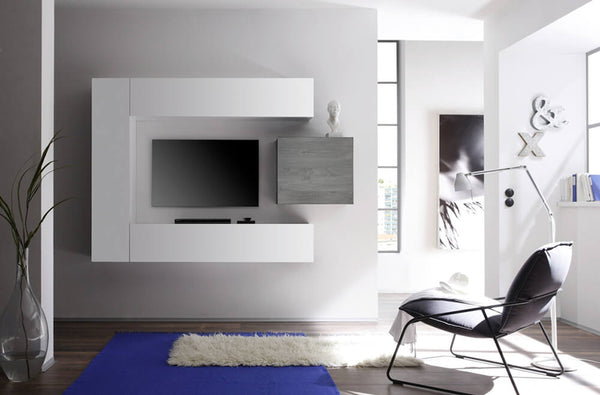 Ausgestattete Wand-Wohnzimmermöbel 3 Hängeeinheiten 169 x 196 x 31 cm TFT-Würfel glänzend weiß und graue Eiche acquista