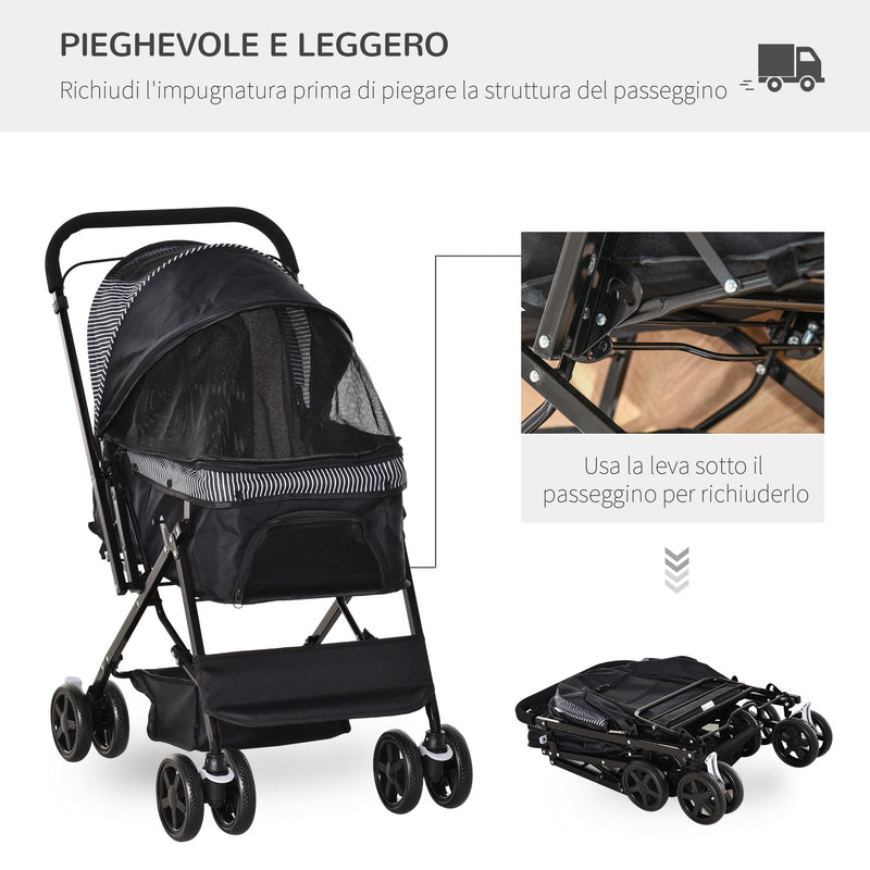 Passeggino per Cani Taglia Piccola 76,5x52x95 cm in Acciaio e Tessuto Oxford Nero