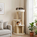 Tiragraffi per Gatti Multilivello 55x39x90 cm con 4 Pali in Sisal 2 Casette Cuccia e Pompon in Truciolare e Peluche Beige      