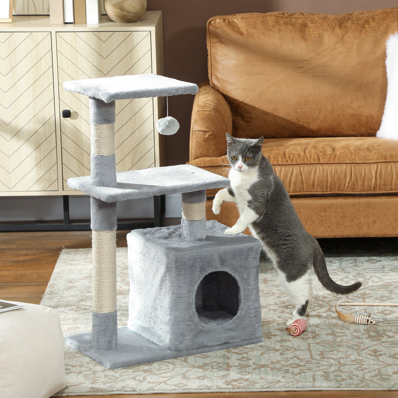 Albero Tiragraffi con Casetta e Piattaforme in Peluche 50x30x81,5 cm Pali in Sisal Grigio   