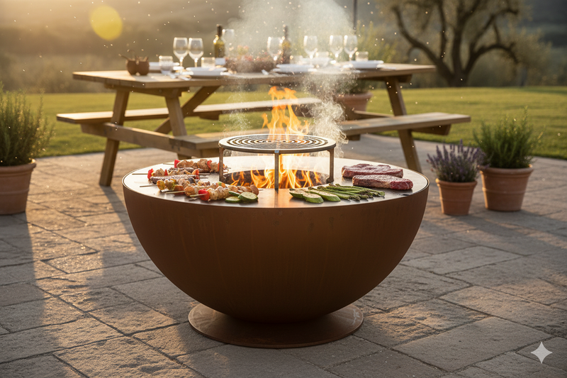 Barbecue a Legna Ø80x42 cm Tulipano in Acciaio Effetto Ruggine