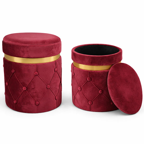 Set 2 Pouf Contenitori 38x44 cm e 31x38 cm con Design Trapuntato in Velluto Bordeaux online
