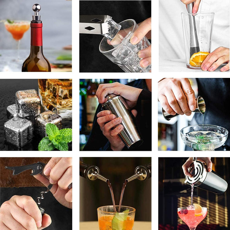 Kit da Barman 12 Pz in Acciaio e Base in Legno