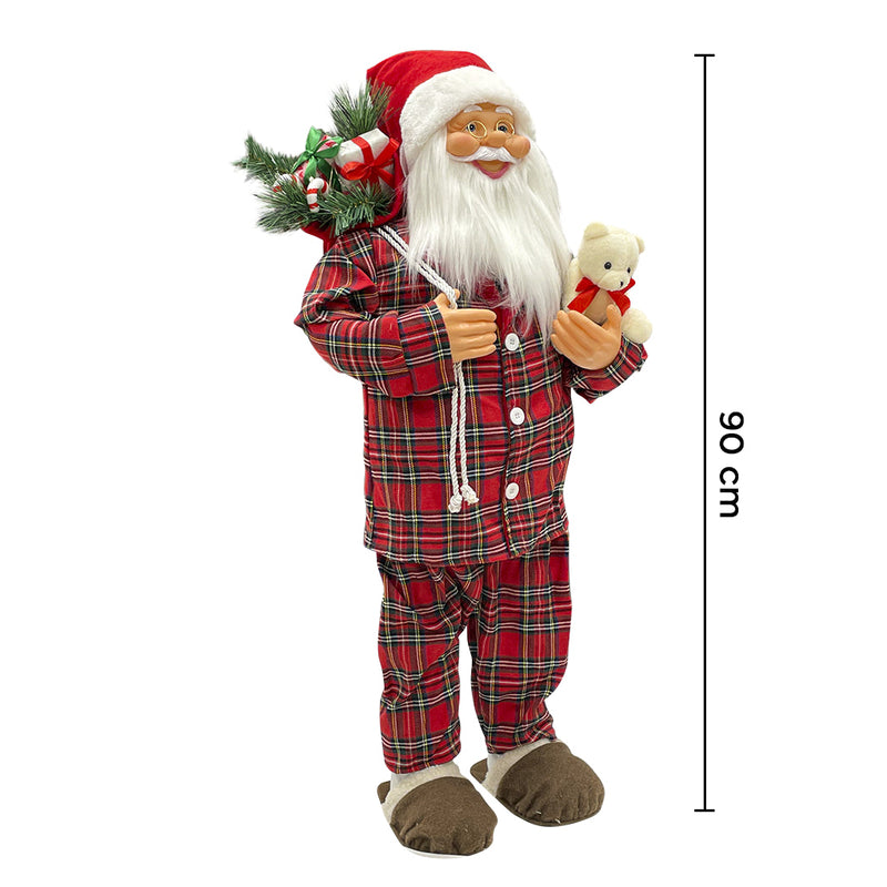Babbo Natale Pigiama Rosso Scozzese H90 cm con Mini Lucciole e Suoni
