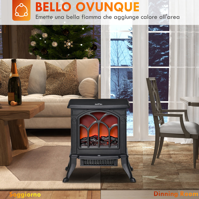 Camino Elettrico da Terra con 2 Livelli di Potenza 750-1500W Effetto Fiamma 37,3x23,1x44 cm Nero      