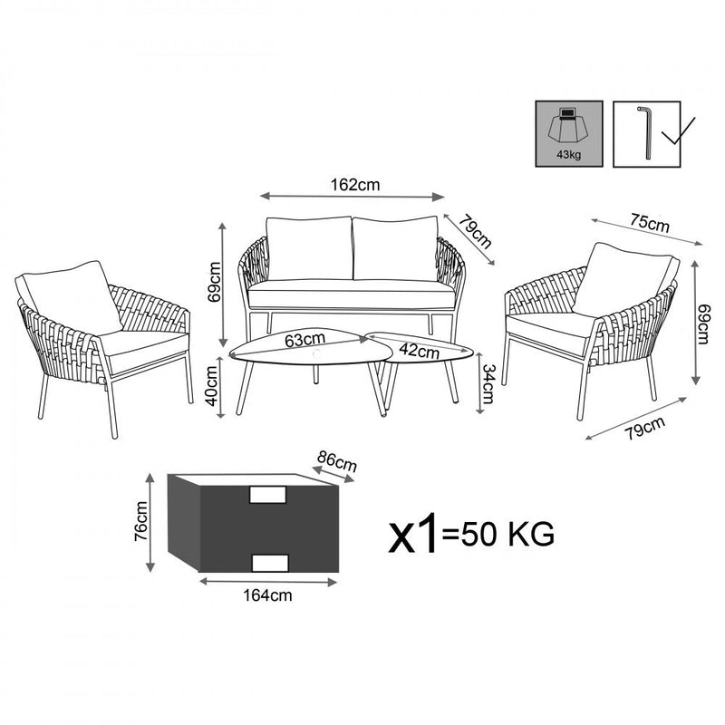 Set Salotto da Giardino Divano 2 Poltrone e Tavolino con Cuscini in Alluminio Marrone