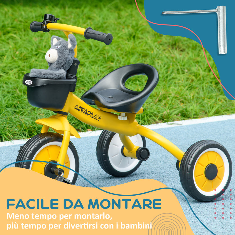Triciclo per Bambini con Seduta Regolabile 70.5x50x58 cm Struttura in Metallo Giallo  