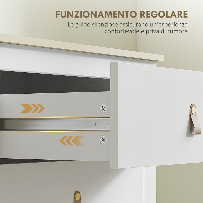 Cassettiera per Camera da Letto a 4 Cassetti 60x40x98 cm con Maniglie in Finta Pelle in Legno Bianco  
