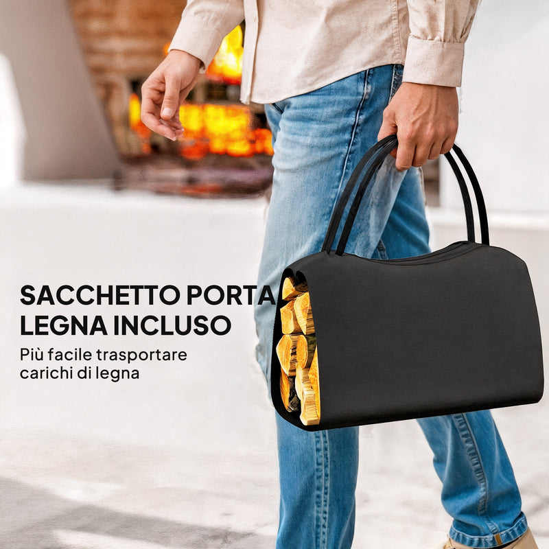 Porta Legna da Interno Esterno in Metallo con Borsa Oxford 53x33x43 cm Nero      