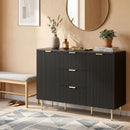 Credenza Moderna Canettata 120x40x89,5 cm con 3 Cassetti 2 Armadietti e Ripiani Regolabili Legno e Metallo Nero      