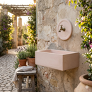 Lavello Rettangolare da Esterno 45x35 cm con Rosone Installazione a Muro in Cemento Madrid Rosa Antico