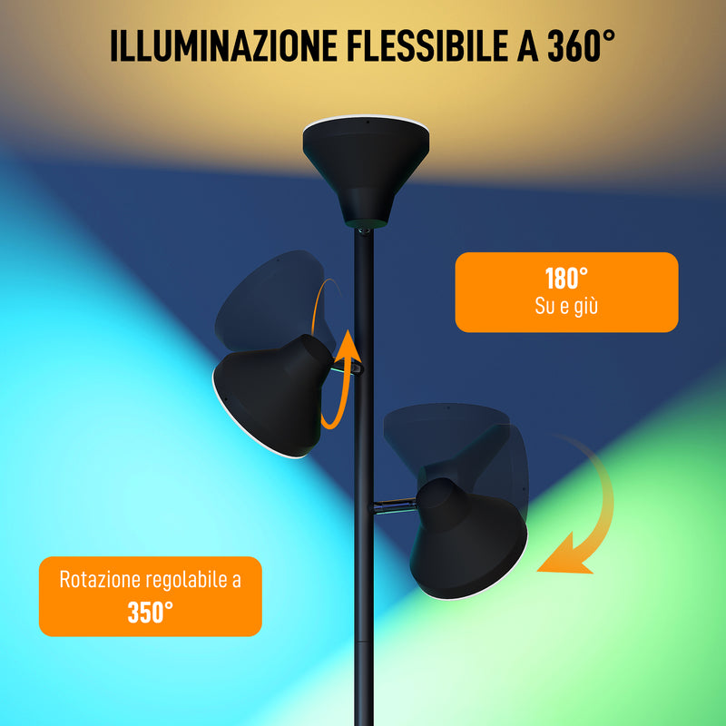 Lampada da Terra con 3 Teste Regolabili Indipendenti Ø25x170 cm Telecomando e Timer in Acciaio e Plastica Nero      
