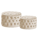 Set 2 Pouf Contenitore Ø50 cm e Ø70 cm in Tessuto Velluto Crema