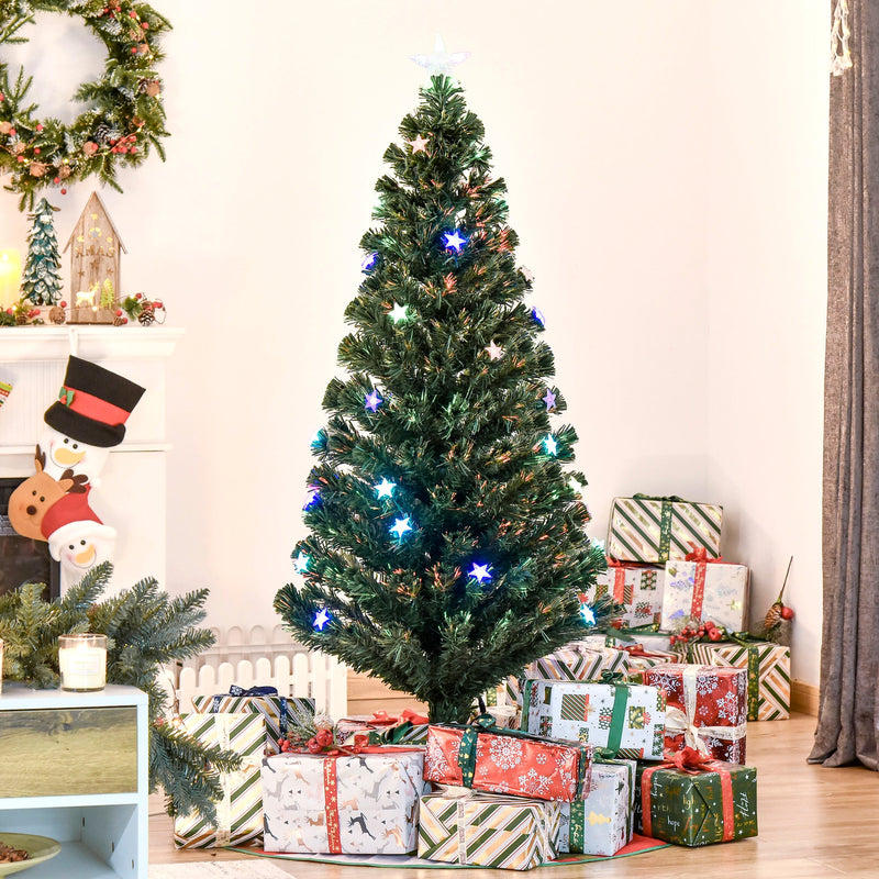 Albero di Natale Artificiale 150 cm 180 Rami 36 Luci LED e Fibre Ottiche Colorate Verde