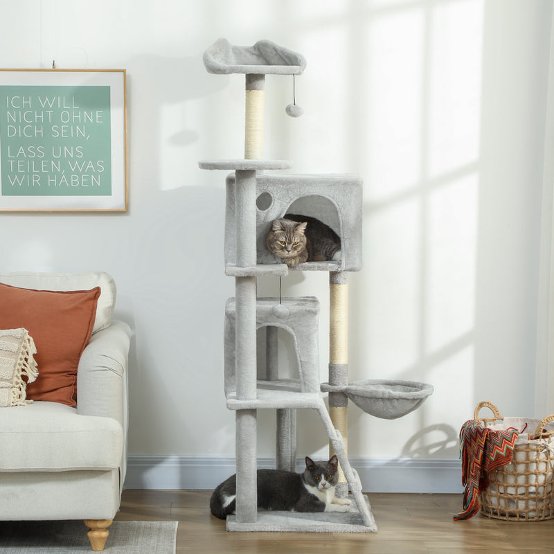 Albero Tiragraffi per Gatti Alto 160 cm con 2 Casette Amaca Lettino e Pali in Sisal Grigio      