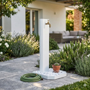 Fontana da Giardino con Rubinetto in Ottone e Base con Ciottoli 40x40x100 cm in Acciaio Bianco