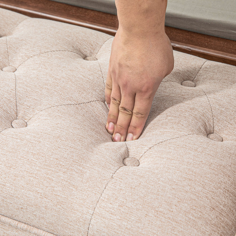 Panca Fondo Letto Imbottita e a Bottoni 141x44x65 cm in Legno e Tessuto Effetto Lino Beige  