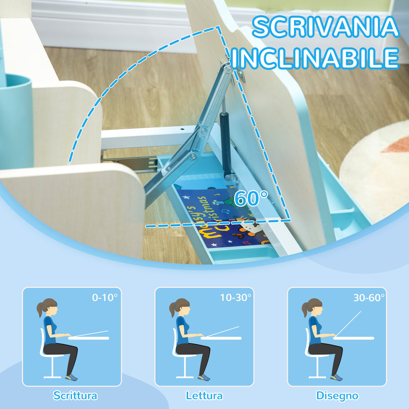Set Scrivania e Sedia per Bambini da 3 Anni Regolabile Tavolo Inclinabile a 60° con Cassetto e Ripiani in PP e Acciaio Blu      