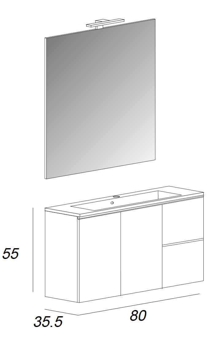 Mobile Bagno Sospeso 80 cm Lavabo e Specchio Tavassi Urano Bianco Lucido