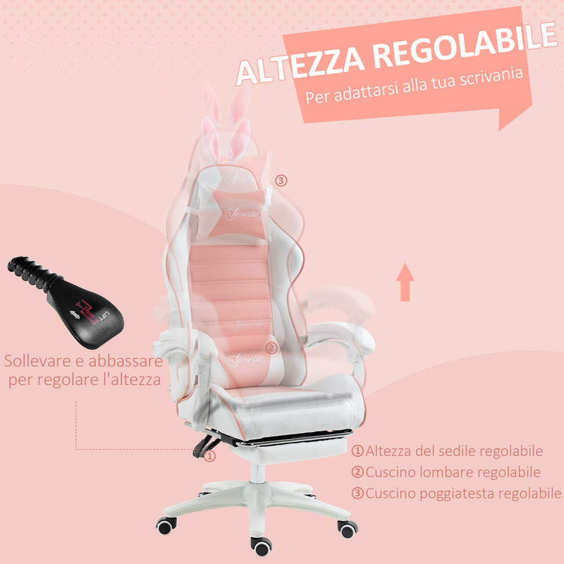 Sedia Gaming Ergonomica 65x63x136-142A cm con Orecchie in Finta Pelle Rosa  