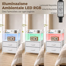 Set 2 Comodini 40x30x60 cm con Luci LED e Stazione di Ricarica in Acciaio e Tessuto Non Tessuto Bianco      