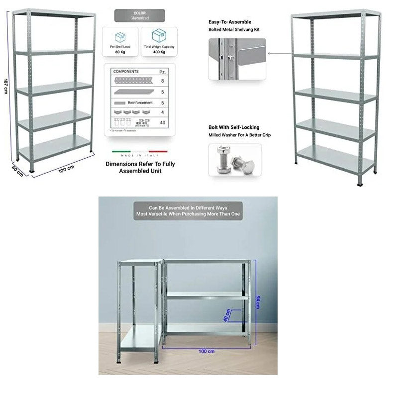 Scaffale in Metallo 5 Ripiani 100x40x187 cm Ettore Zincato