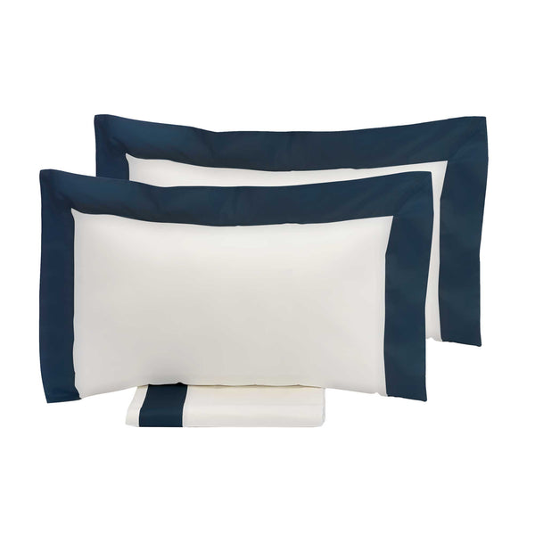 online Doppelbettbezug mit Tasche und Kissenbezügen Kanten in Satin Garrini Eveline Elfenbein / Blau
