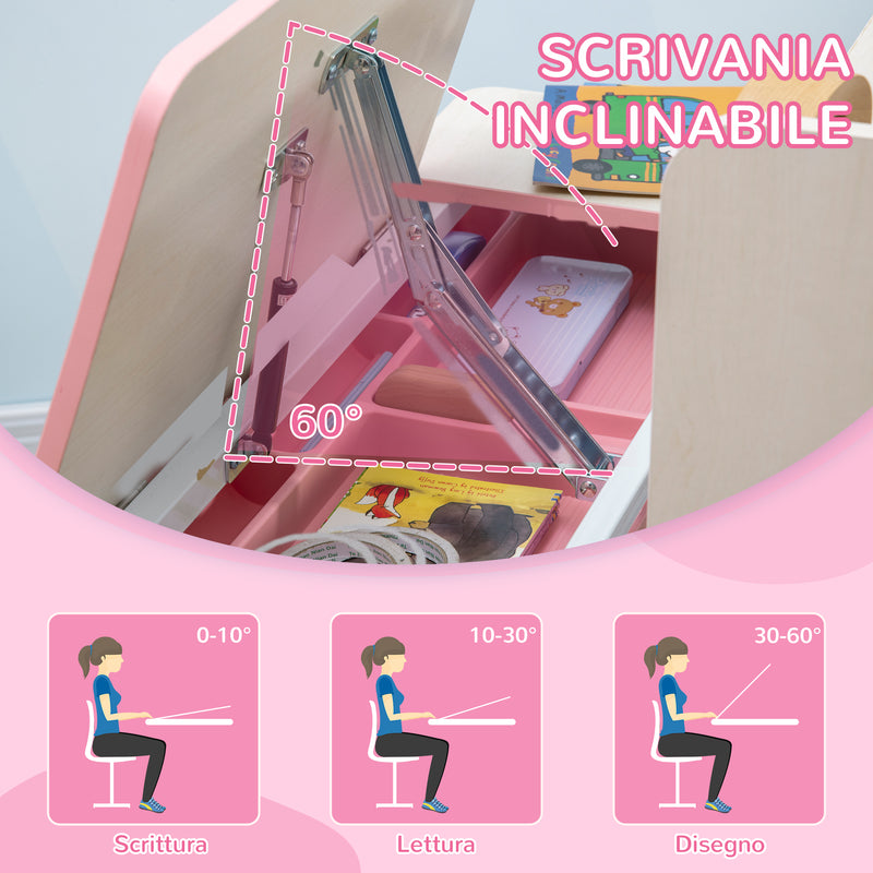 Set Scrivania e Sedia per Bambini da 3 Anni Regolabile Tavolo Inclinabile a 60° con Cassetto e Ripiani in PP e Acciaio Rosa      