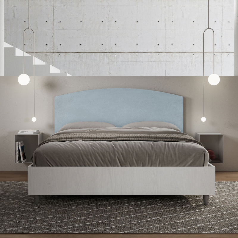 Letto Matrimoniale con Rete e Contenitore Alzata Comoda Struttura Bianco Frassico e Testata in Microfibra Antilia Azzurro Varie Misure