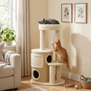 Tiragraffi per Gatti Multilivello 55x39x90 cm con 4 Pali in Sisal 2 Casette Cuccia e Pompon in Truciolare e Peluche Beige      