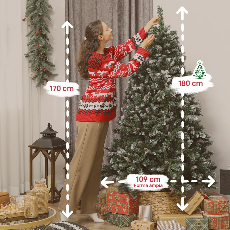 Albero di Natale Innevato 180 cm 910 Rami Effetto Neve con Pigne in Plastica e Metallo Verde  