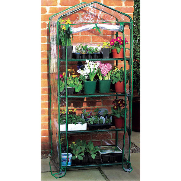 sconto Garten-Gewächshaus mit 4 Regalen aus lackiertem Aluminium und PVC-Abdeckung