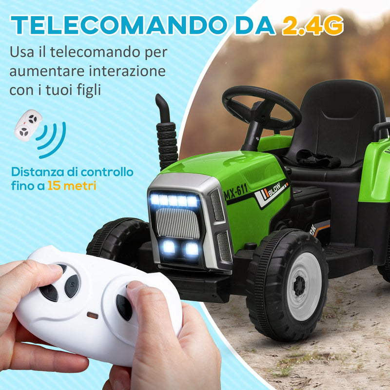 Trattore Elettrico per Bambini 12V con Rimorchio Verde