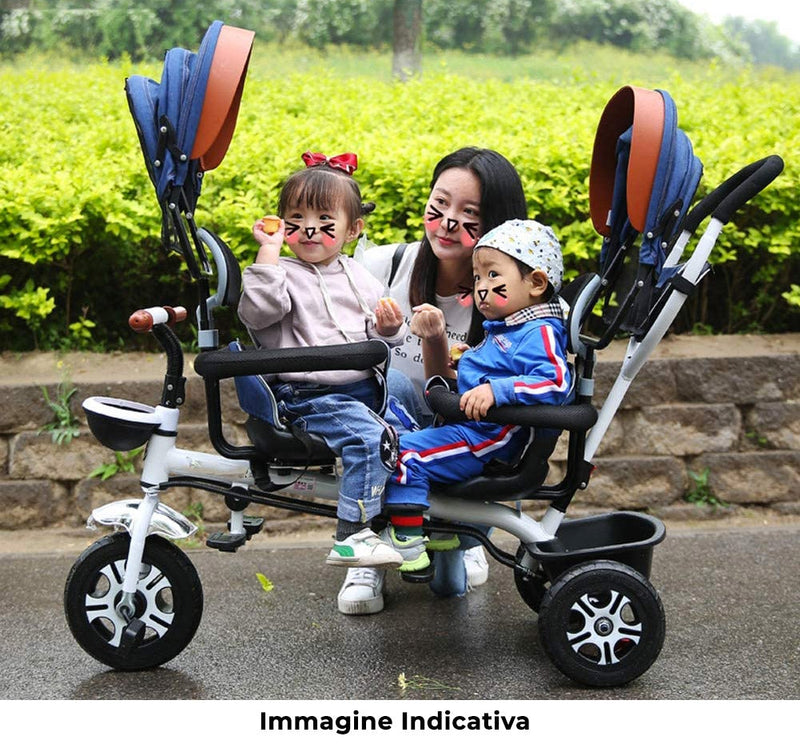 Passeggino Triciclo Gemellare con Sedile Girevole 360° Kidfun Tricygò Blu