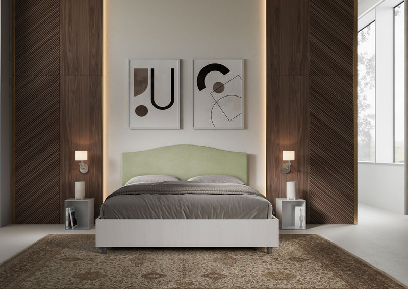 Letto Matrimoniale con Rete e Contenitore Alzata Comoda Struttura Bianco Frassico e Testata in Microfibra Grace Tè Verde Varie Misure