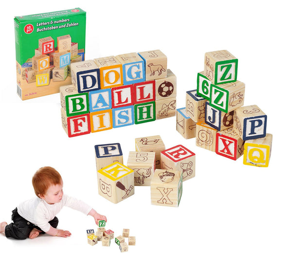 prezzo Pädagogisches Spielset 30 Teile aus Holz 3x3 cm Würfel mit Tieren, Buchstaben und Zahlen