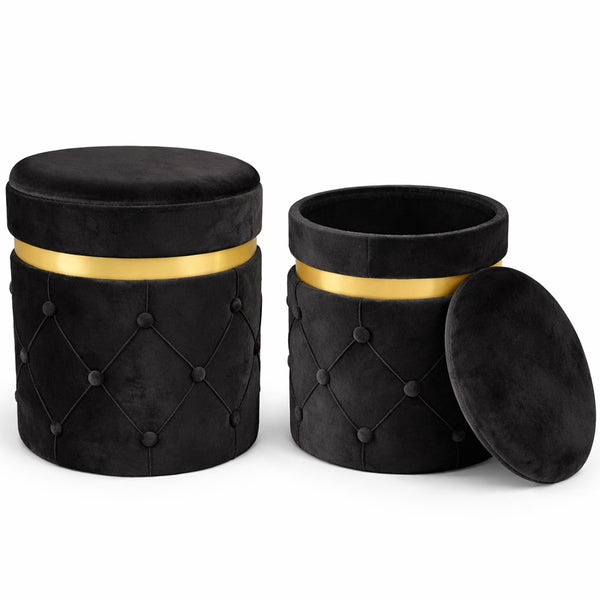 Set 2 Pouf Contenitori 38x44 cm e 31x38 cm con Design Trapuntato in Velluto Nero online