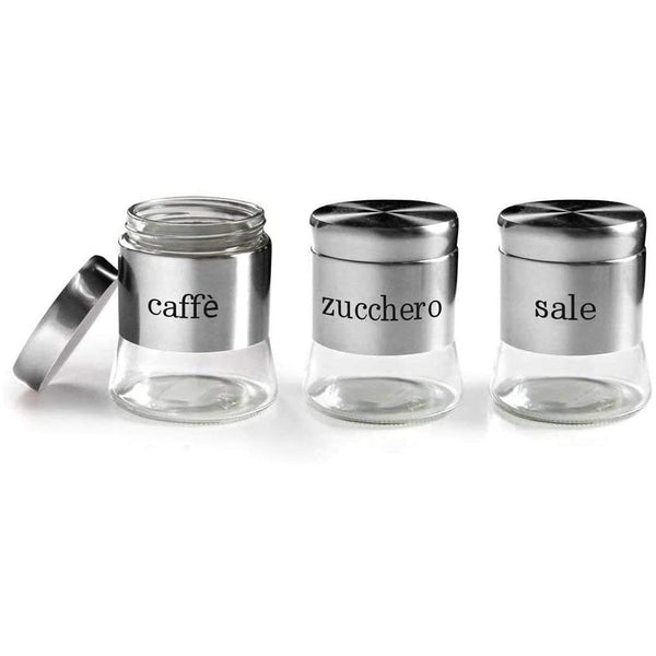acquista Set 3 Barattoli Porta Caffè Zucchero Sale Metallo Acciaio 750ml Accessori Cucina