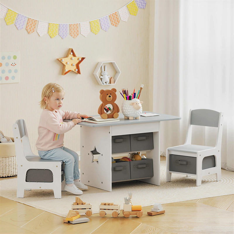 Set Tavolo e Sedie per Bambini 3-8 Anni con 6 Cassetti e Bordi Arrotondati in Legno e Tessuto Grigio e Bianco      
