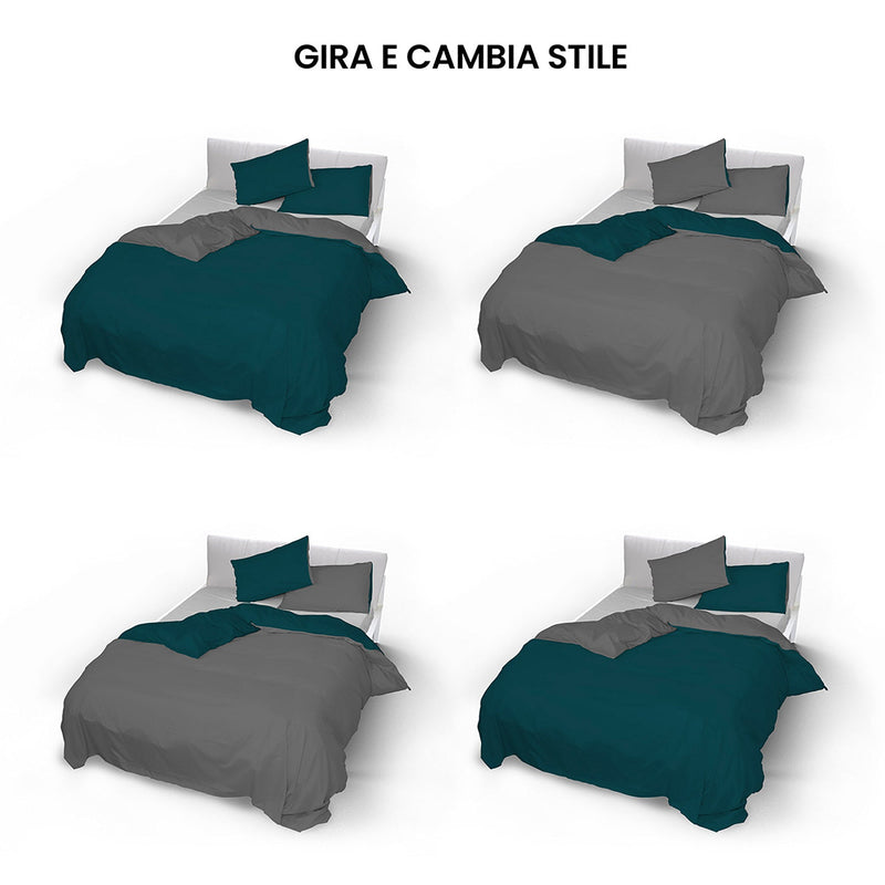 Copripiumino con Sacco e Federe Doubleface Verde Petrolio\/Fumo Varie Misure
