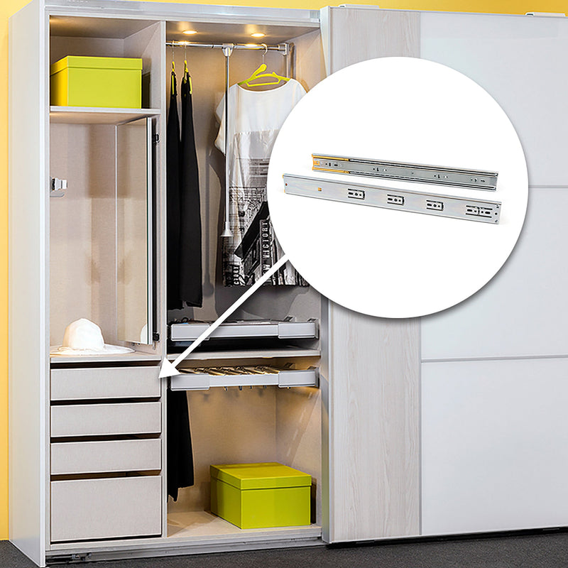 Guide a Sfere per Cassetti con Estrazione Totale e Chiusura Soft H45 mm L450 Bianco Acciaio Emuca