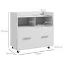 Mobile Archivio da Ufficio 76L x 40P x 75,5A cm con Ruote e Ripiano Aperto Ampio Cassetto in Trcuciolato Bianco      