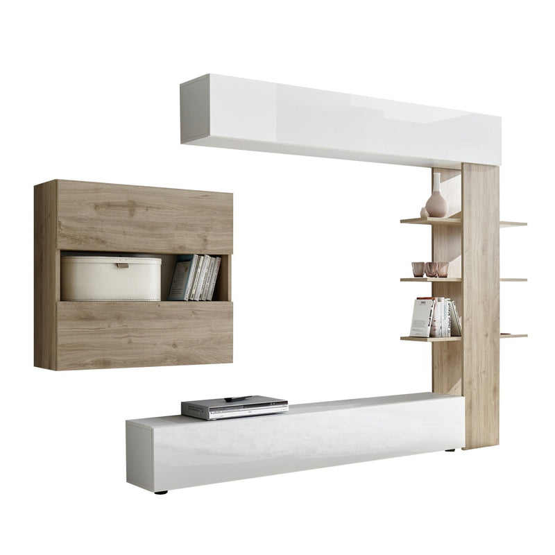 Parete Attrezzata Mobili Soggiorno Mobile TV Libreria 2 Pensili TFT Akira 1 Bianco e Rovere