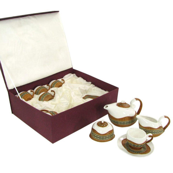 Set Tazze The 9 Pezzi con Teiera e Lattiera in Porcellana Decoro in Bambù Noce prezzo
