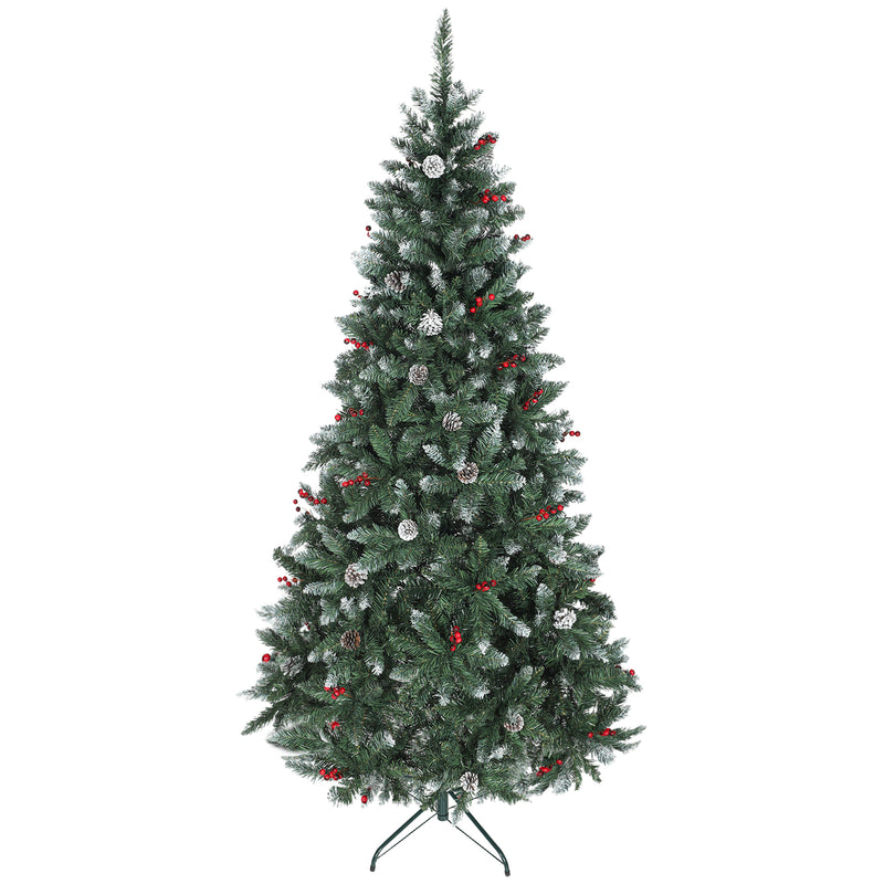 Albero di Natale Alto 210 cm 928 Rami Pigne e Bacche Rosse Base in Metallo Verde      