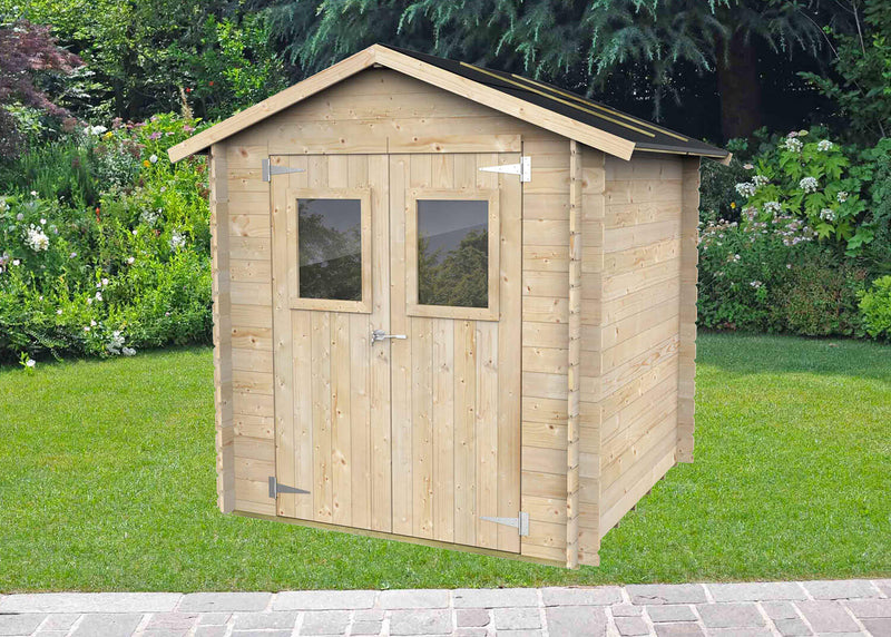 Casetta Box da Giardino per Attrezzi 198x198 cm con Porta Doppia Finestrata in Legno Naturale
