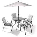 Set Tavolo 4 Sedie e Ombrellone da Giardino in Acciaio con Cuscini Grigio Chiaro